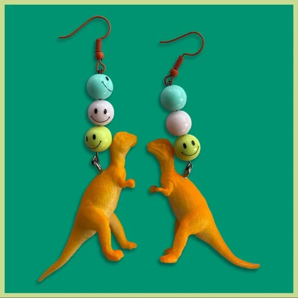 Orange Dinosaur Earrings with Smiley Beads - Picture 4 of 5